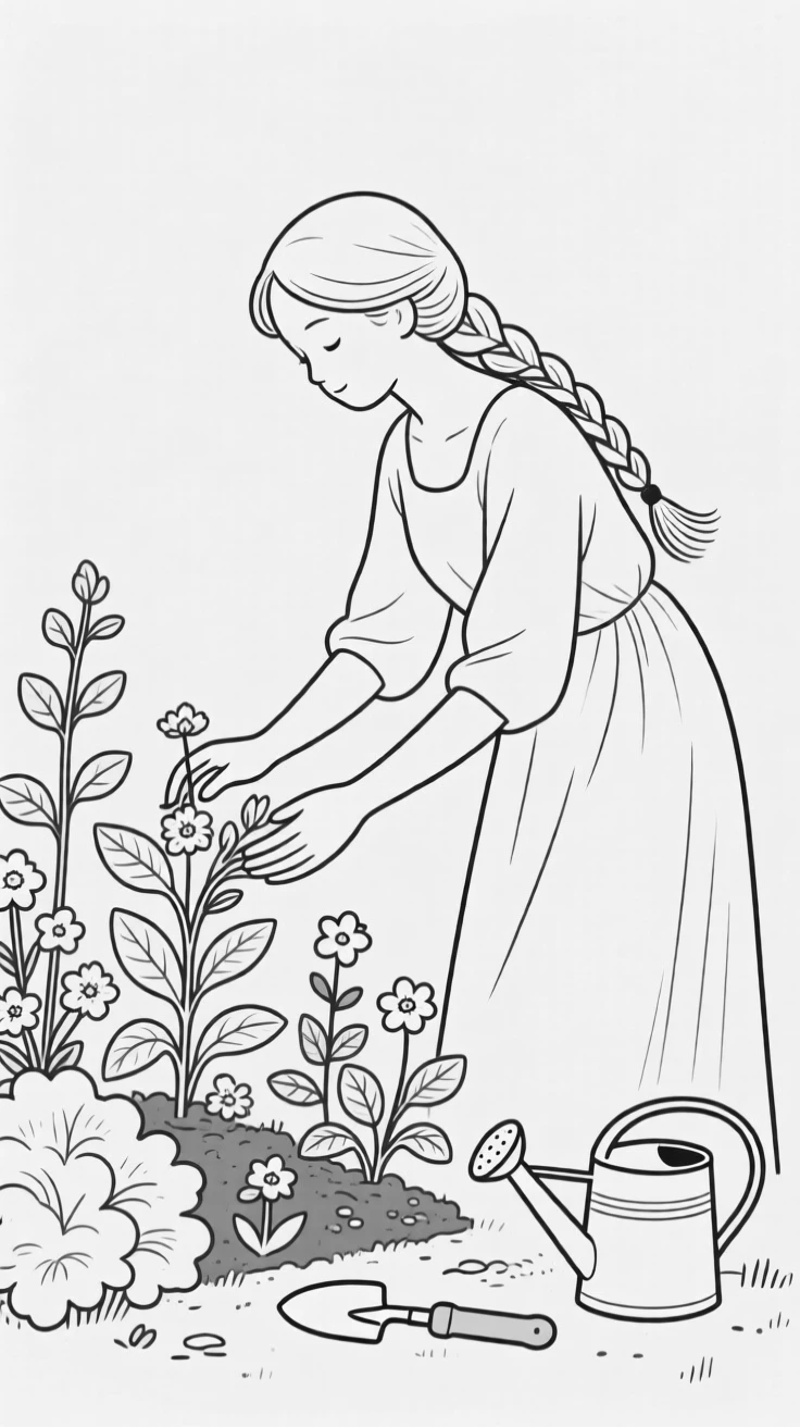 A woman with her hair in a braid tending a garden