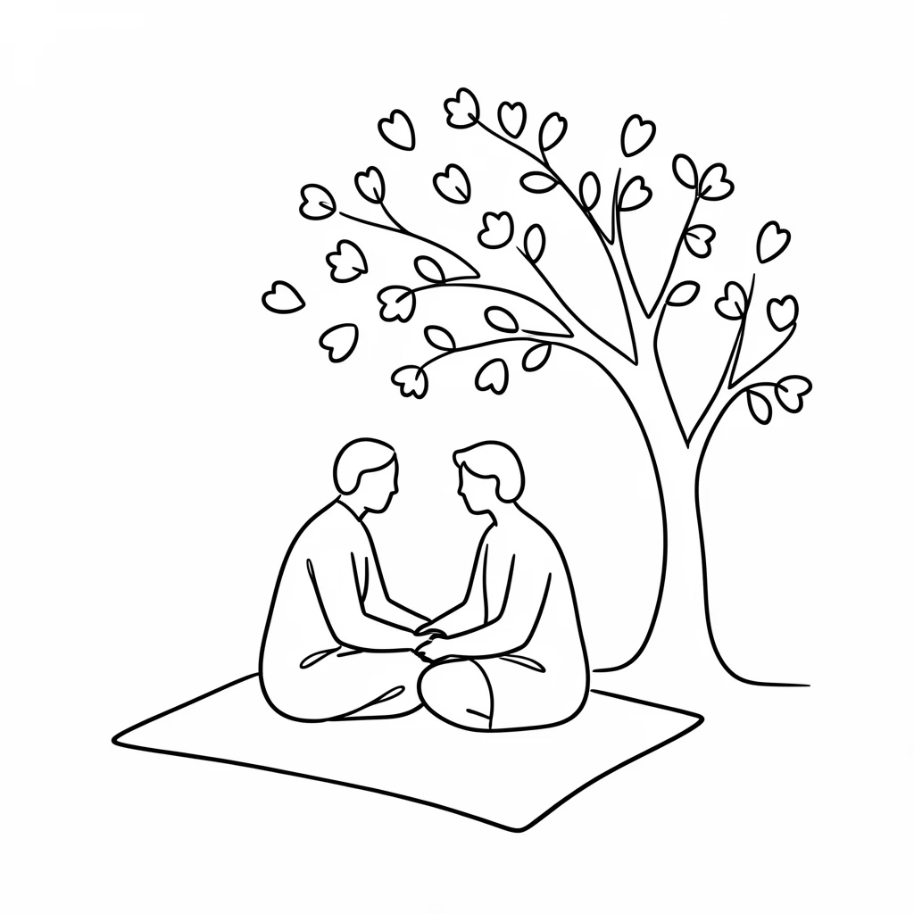 A couple sharing a quiet picnic beneath a blossoming cherry tree