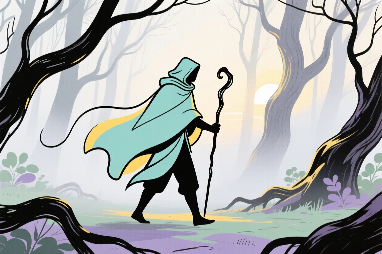A hooded ranger walking through a foggy enchanted forest at dawn.