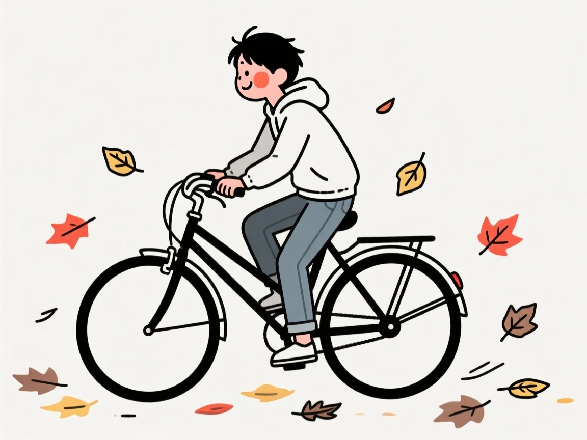 A teenager riding a bicycle through fallen leaves.