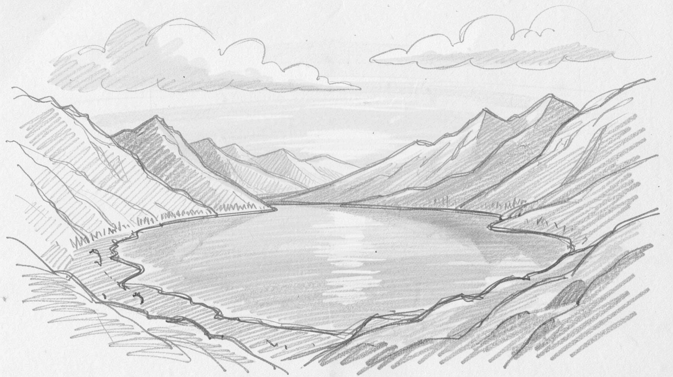Sweeping landscape of a turquoise alpine lake bathed in the warm glow of sunrise, with clouds casting slow-moving shadows.