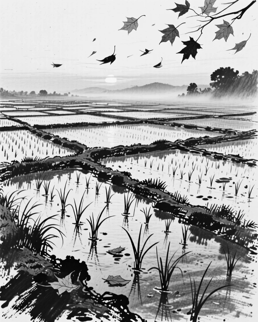 A quiet dawn over rice paddies as autumn leaves drift on a gentle breeze.
