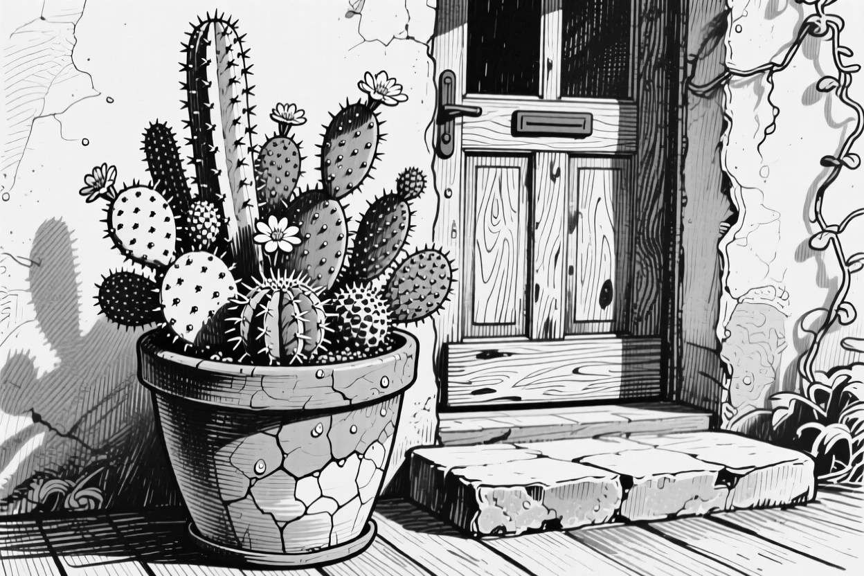 A cactus garden in a terracotta pot blooming beside a cottage doorway, with dew drops clinging to the edges, composed in a softly nostalgic still-life arrangement.