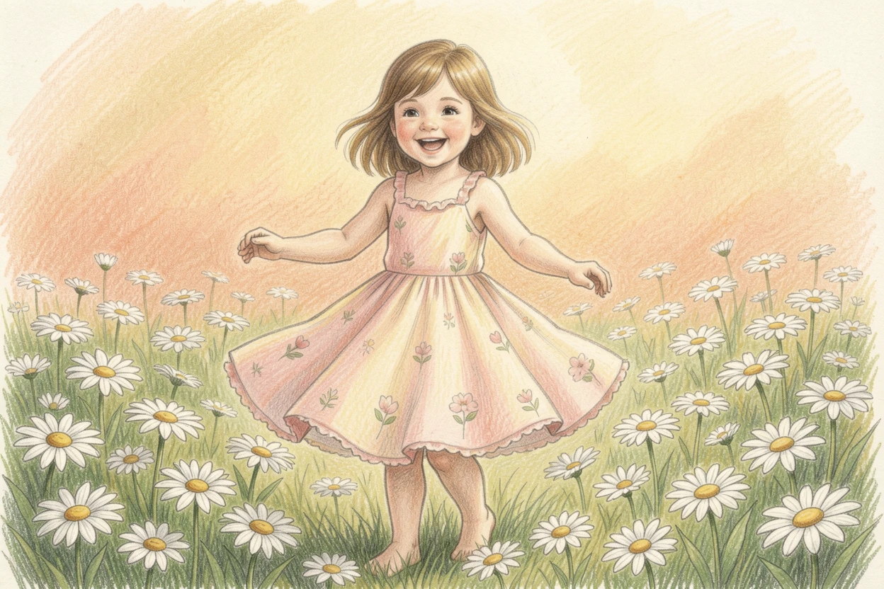 A little girl twirling in a sundress through a field of daisies, with warm background tones that keep the focus on the subject, capturing a fleeting, deeply relatable moment.