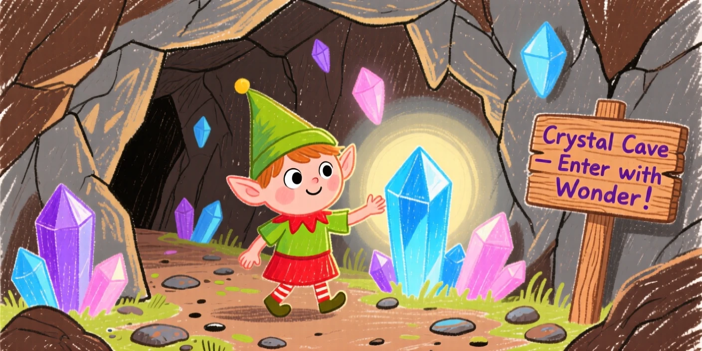 A garden elf exploring a cave lit by glowing crystals.