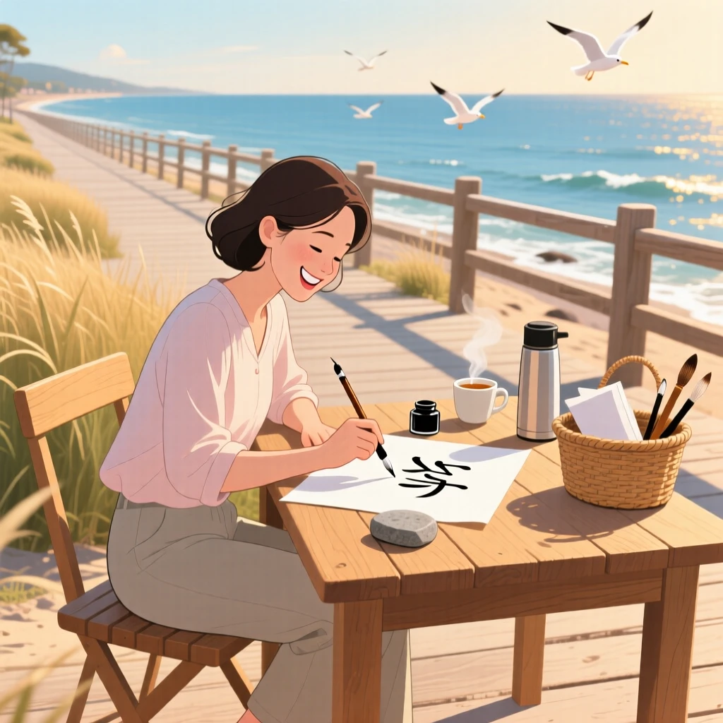 A woman practicing calligraphy at a quiet wooden desk, along a scenic coastal boardwalk, captured in a candid, joyful moment, with a sense of warmth and togetherness in every detail.