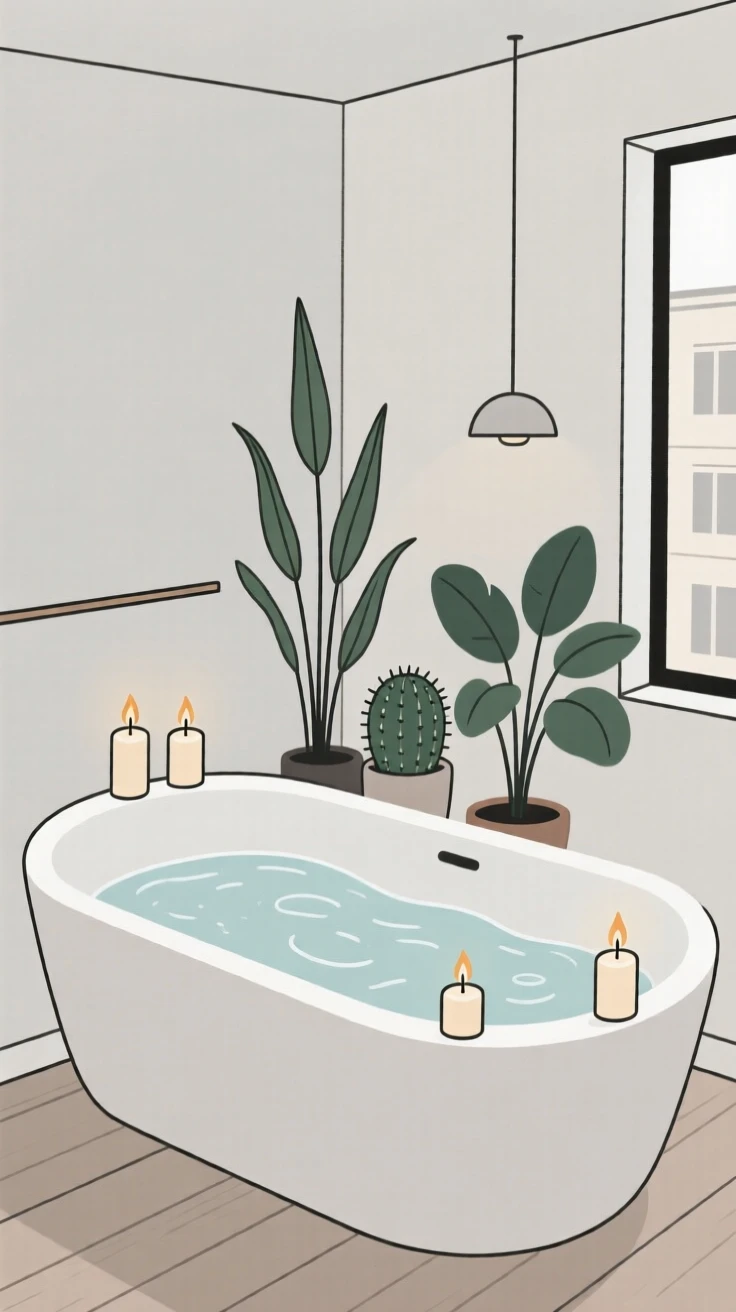 A cozy bathtub with candles filled with a small houseplant collection, set in a modern townhouse, evoking calm comfort.