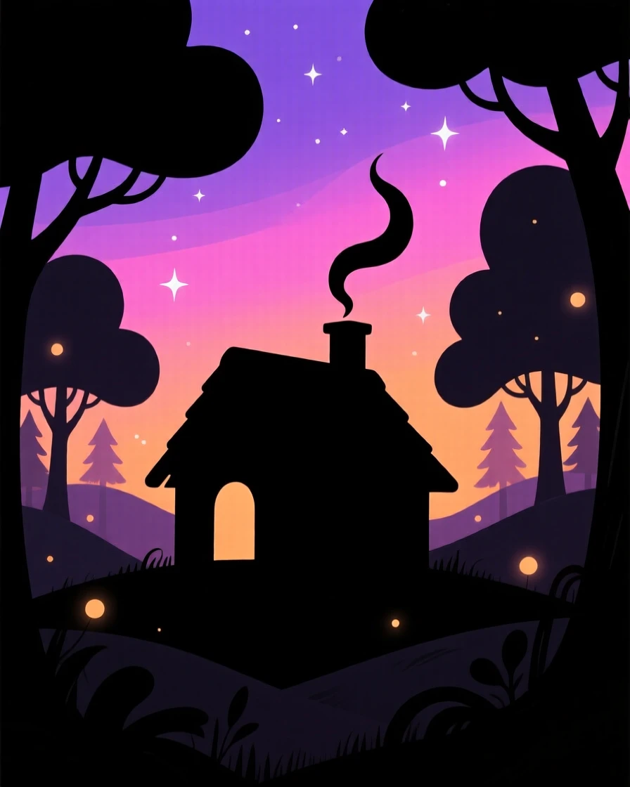 A small cottage with a curling chimney tucked deep within a fairy tale forest.