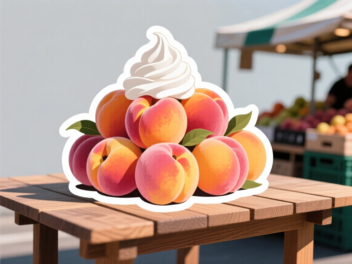 A beautifully garnished cluster of ripe peaches, topped with a dollop of whipped cream, at an outdoor market stall.