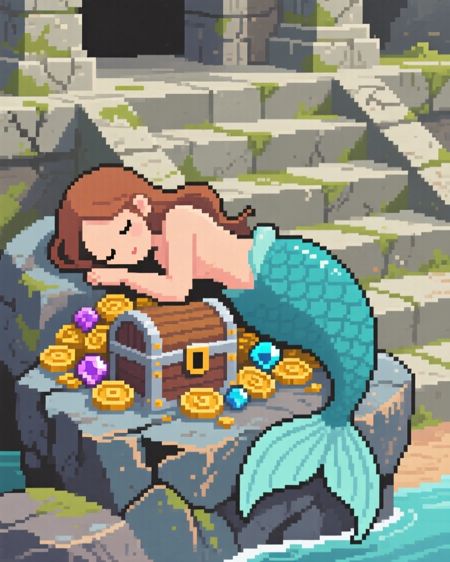 A mermaid resting on a rock napping curled around a treasure hoard, on the steps of an old stone temple.