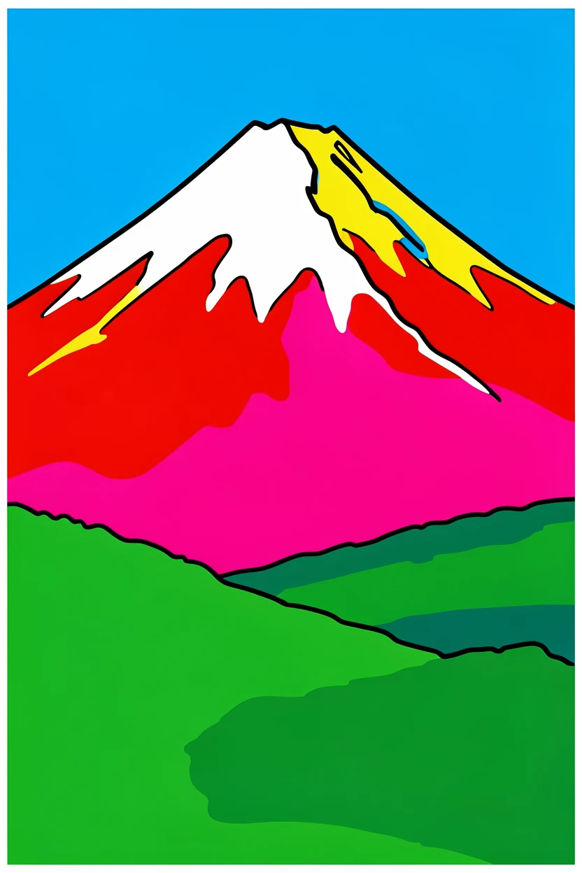 Snow-capped volcano rising above a green valley