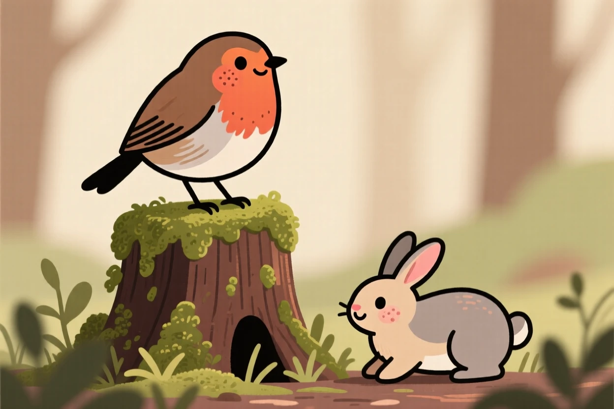 A robin perches on a mossy stump, singing softly while a rabbit moves quietly through the underbrush below.
