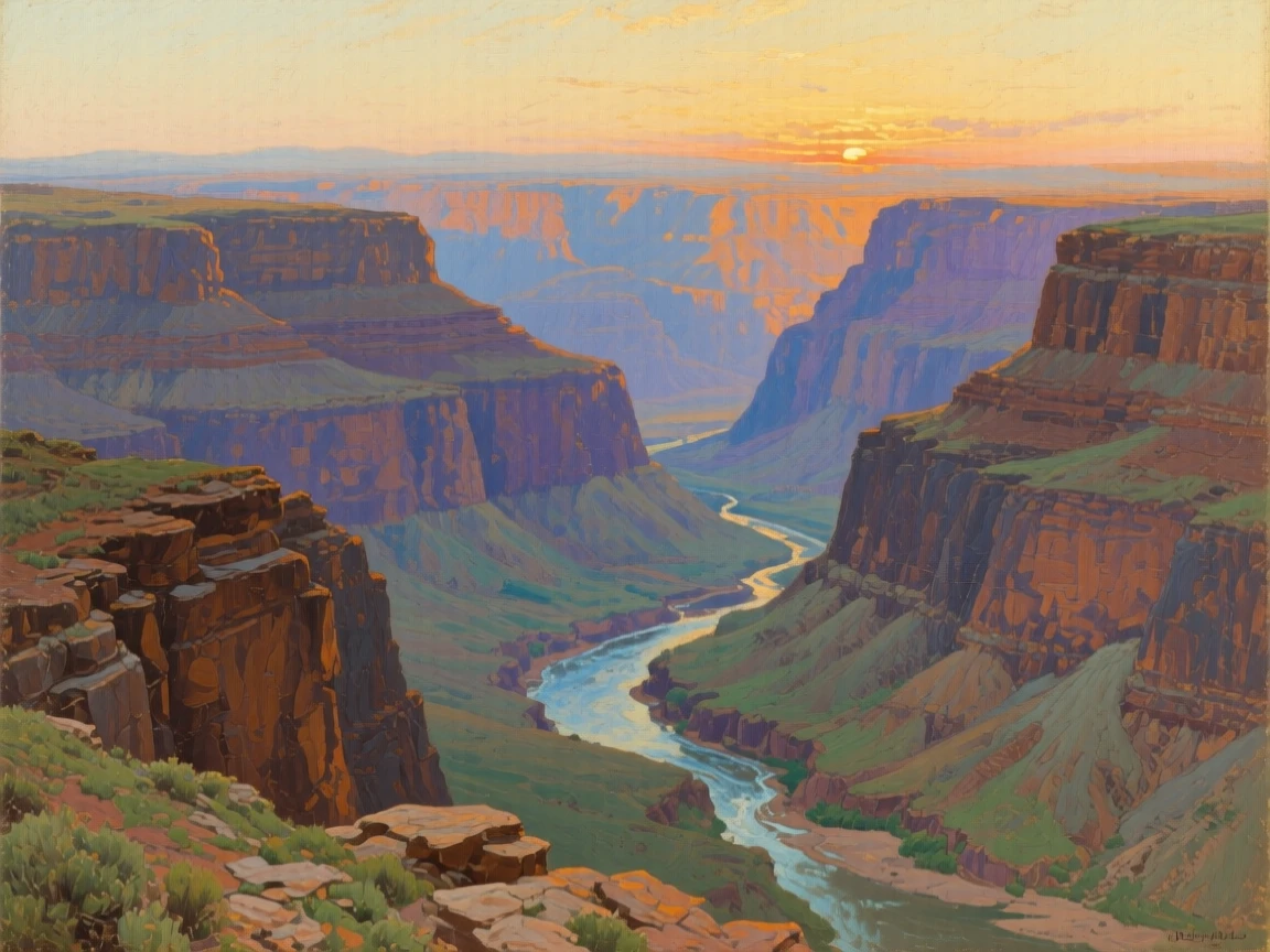 A broad landscape view of a dramatic canyon carved by centuries of flowing water, in the last light of sunset, in the early 1900s.
