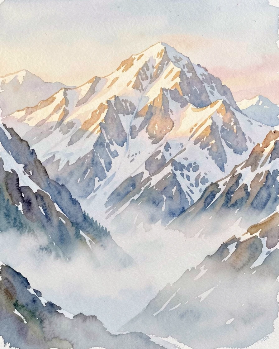 A snow-capped mountain range with morning mist rising.