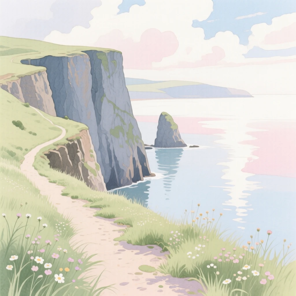 A serene view of a coastal cliffside path, as calm waters reflect the sky above, evoking calm and quiet reflection