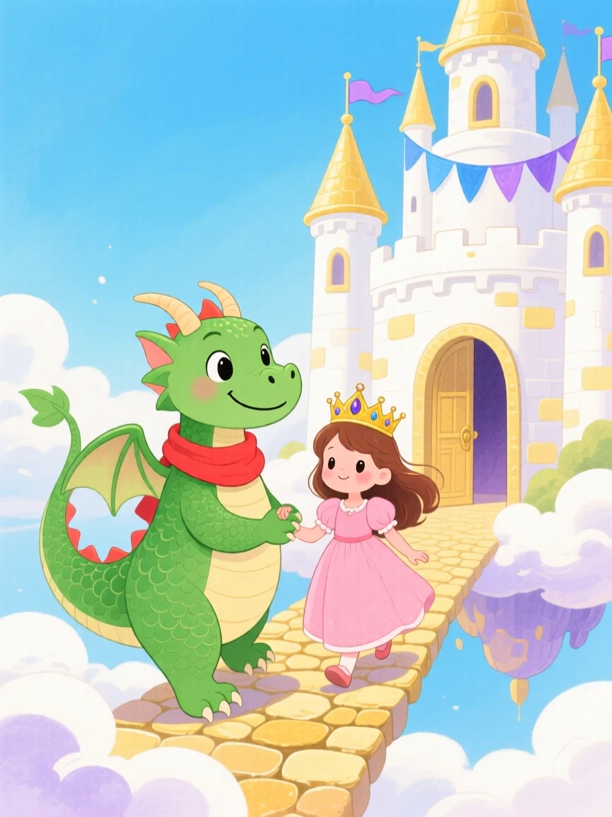 A friendly green dragon guiding a little princess with a golden crown through a floating castle in the clouds.