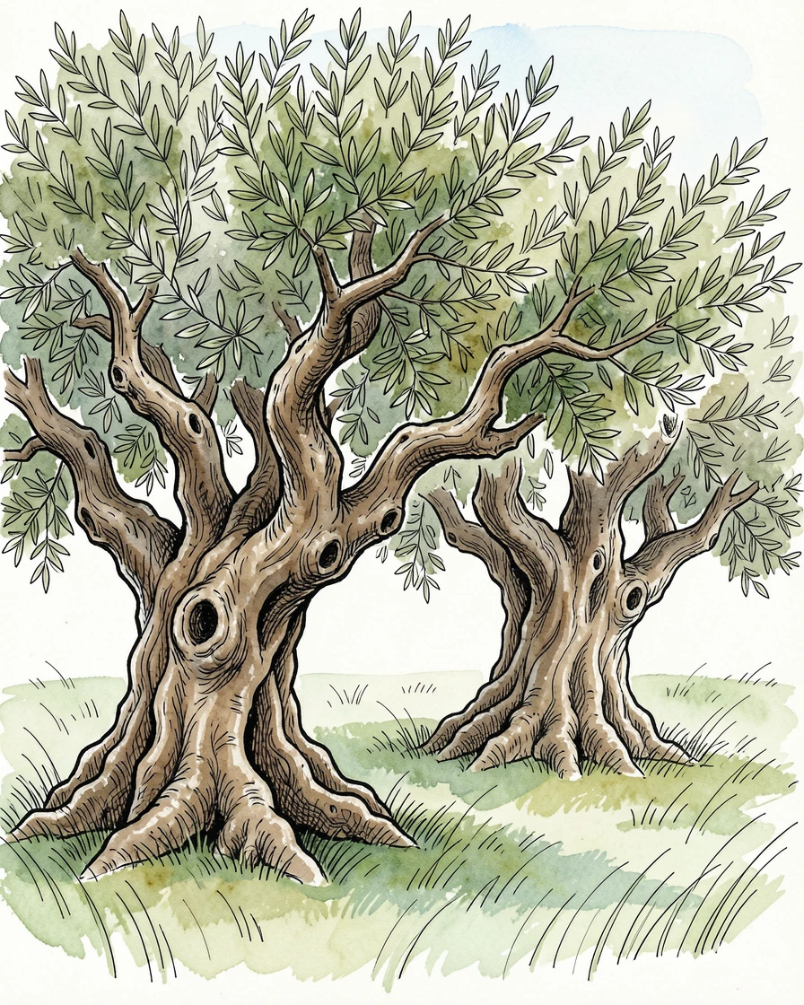 A grove of ancient olive trees twisted by centuries of wind, a gentle breeze rippling through the grass and leaves.