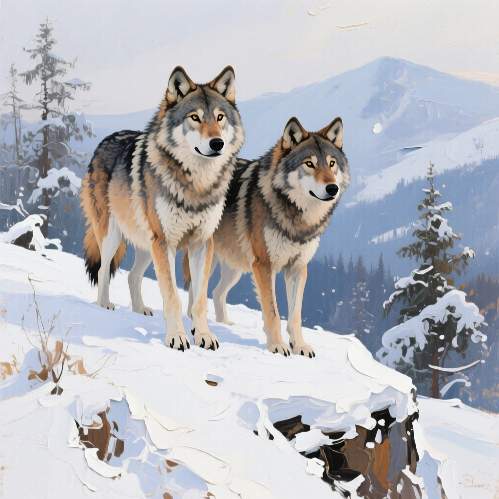 a pair of wolves on a snowy ridge, after a gentle snowfall, from an inviting eye-level viewpoint.