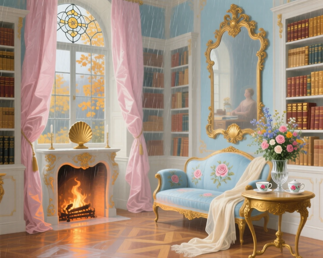 An autumn estate library with rain on the windows and a fire glowing warmly  