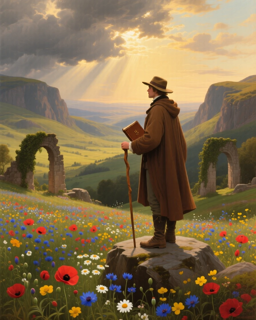 A sweeping valley carpeted in wildflowers, with a solitary traveler pausing to take in the view.