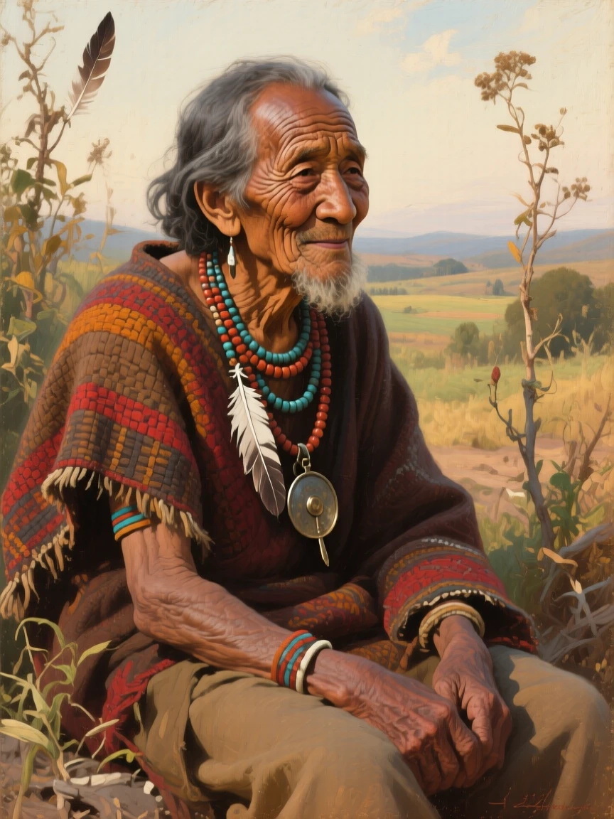 A tribal elder in traditional dress with a face full of stories and wisdom, captured in warm, natural light that softens the entire scene, radiating authenticity and heartfelt sincerity