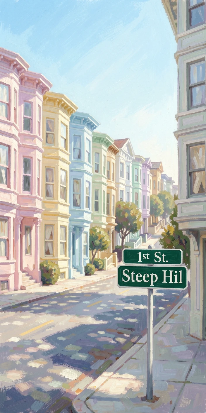 A row of pastel Victorian houses climbing a steep San Francisco street beneath a clear blue sky.