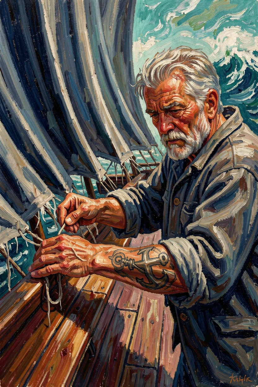 An old sailor with a weathered anchor tattoo, mending sails on a wooden deck.