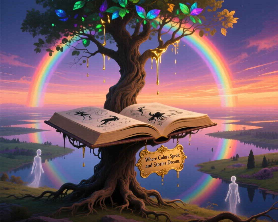 A rainbow that arcs directly into the open pages of a book moves slowly across a horizon streaked with fading light, while a single tree stands untouched at the center of it all.