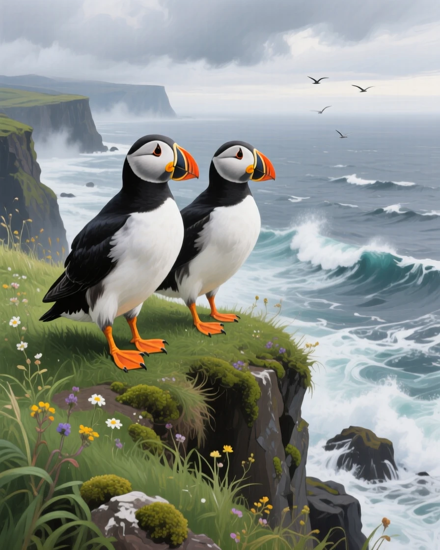 A pair of puffins stand on a grassy cliff edge in Iceland, their colorful beaks vivid against a backdrop of crashing waves and gray sea, nearby vegetation and terrain grounding the animal firmly within its natural environment.