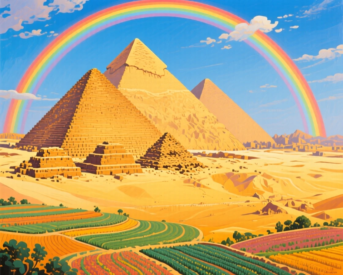 The pyramids of Giza rising from golden desert sand, under a rare double rainbow, terraced fields spreading out below