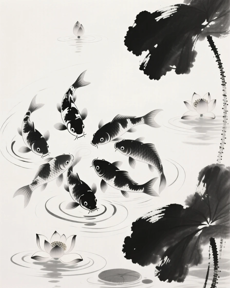 Koi fish gather near the surface as ripples spread outward, with lotus blossoms floating nearby.