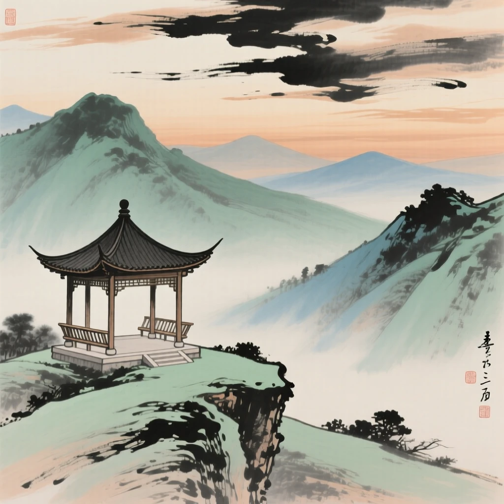 An empty pavilion overlooking mountains fading into evening haze, under a sky streaked with clouds.