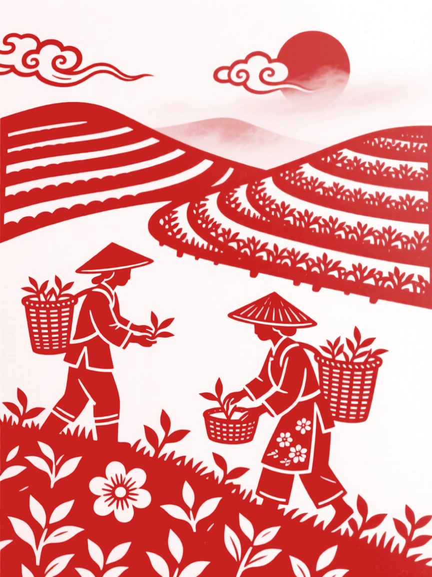 A tea plantation spread across rolling green hills, workers with woven baskets picking leaves beneath a misty morning sky