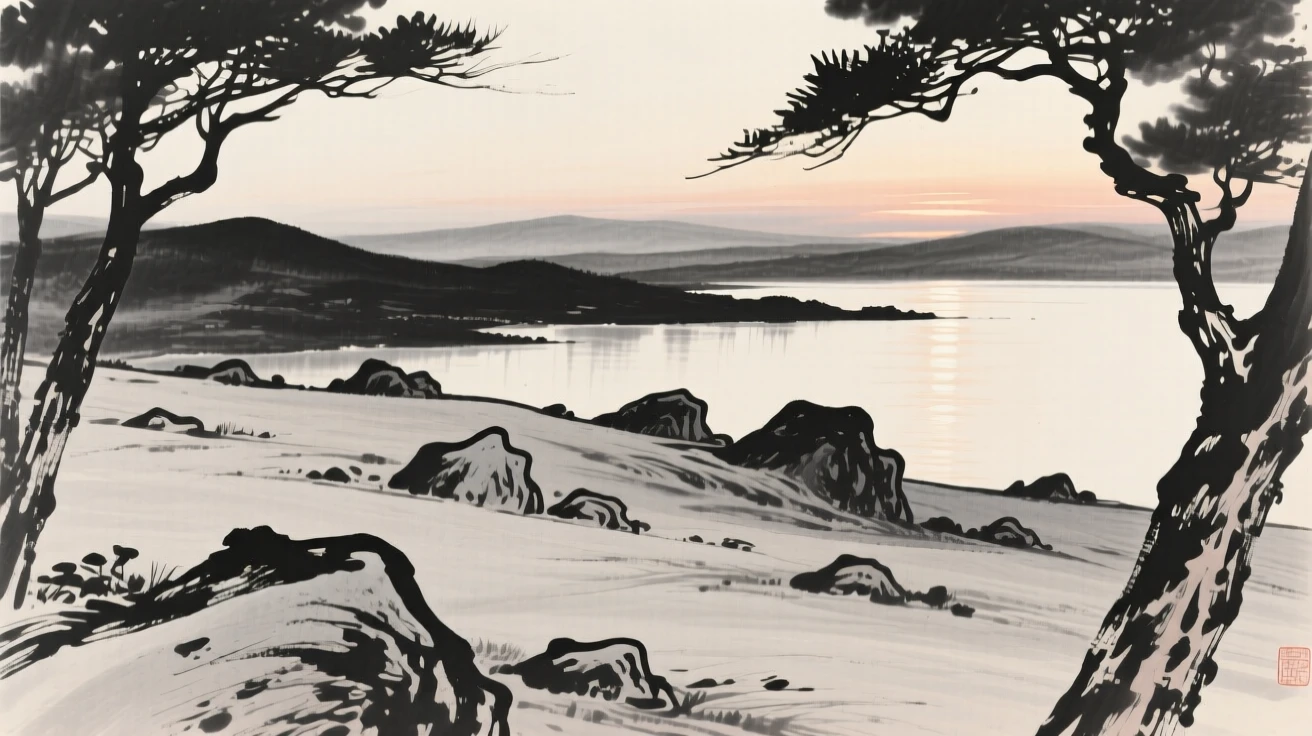 A windswept plateau scattered with wind-carved boulders with the last light of dusk catching the water's surface, framed through a gap in the trees, revealing the valley beyond, suggesting the quiet vastness of the natural world.