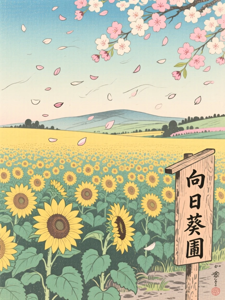 A sunflower field stretching to the horizon beneath a canopy of drifting petals.