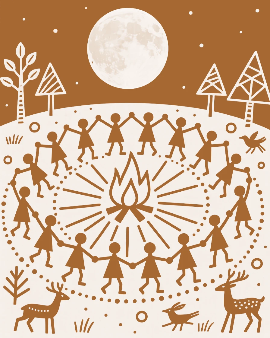 A full moon celebration celebrated with dancers forming rows around a bonfire.