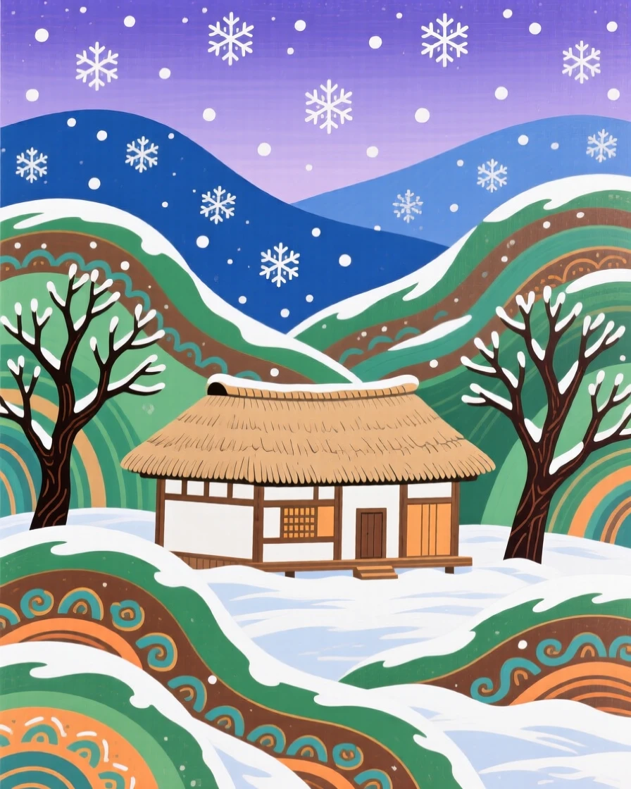 A tranquil valley with a single farmhouse, in the quiet hush of a winter evening.