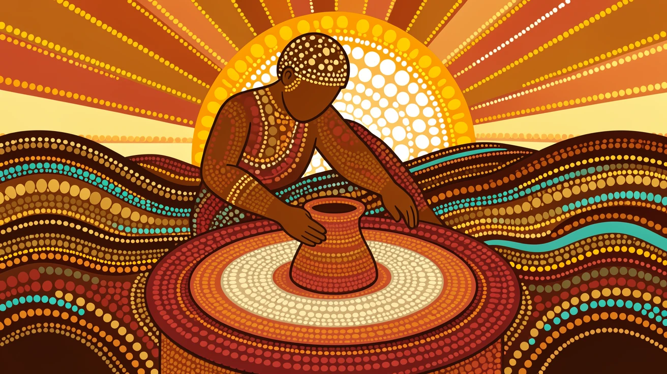 A potter shaping clay at a rustic wheel at sunrise