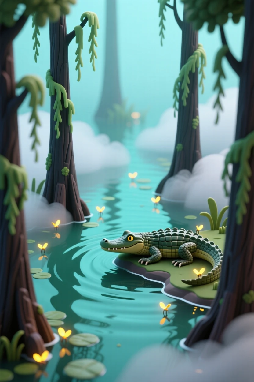 A mystical foggy swamp with cypress trees draped in Spanish moss, fireflies glowing softly, and an alligator resting near the water's edge.