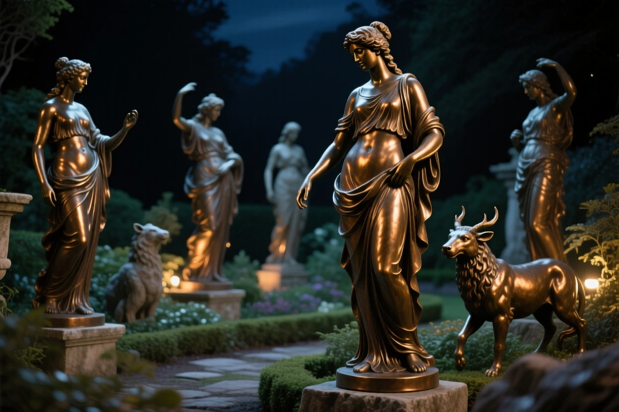 A garden of stone statues coming to life at midnight, bathed in ethereal, otherworldly glow, radiating awe and grandeur