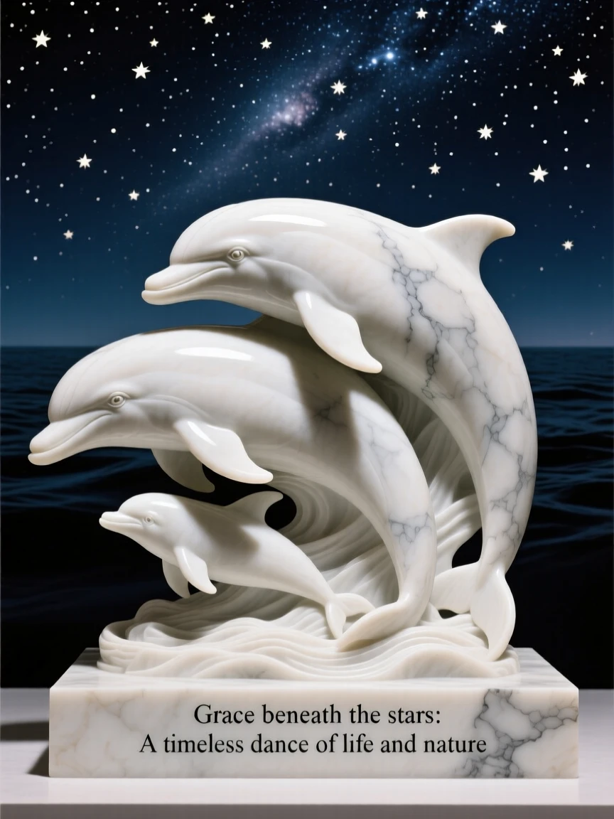 A striking close-up of a family of dolphins, full of life and grace, beneath a sky full of stars