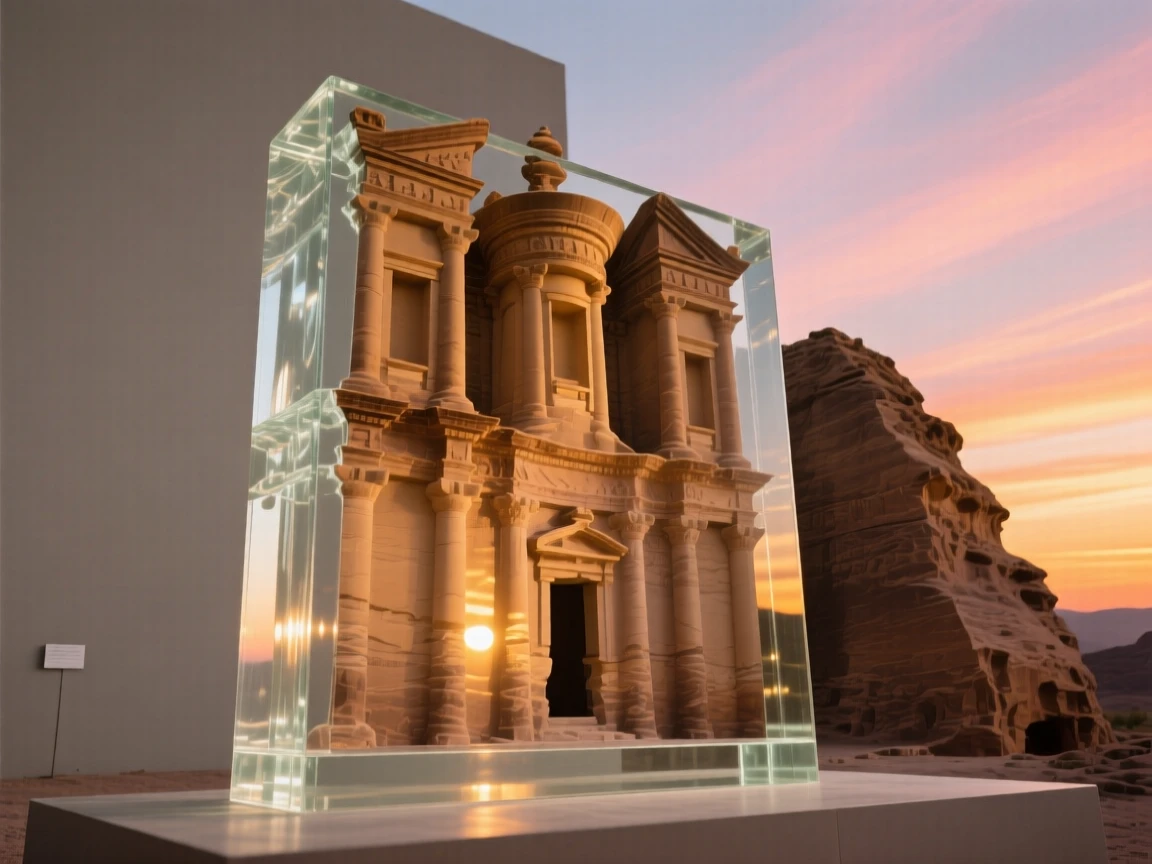 Petra's carved facade at sunrise, viewed from a dramatic low angle under a vivid sunset sky, warm golden light highlighting every architectural detail, awe-inspiring and grand.
