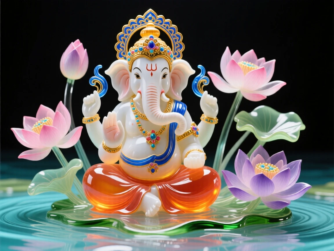 Ganesha seated peacefully amid blooming lotus flowers, serene and benevolent.