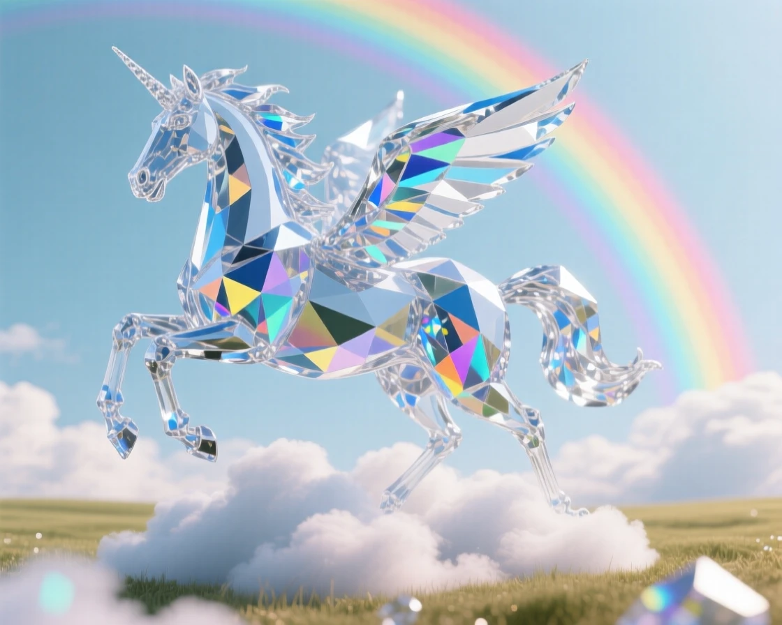 A pegasus galloping across a field of clouds beneath a rainbow-streaked sky.