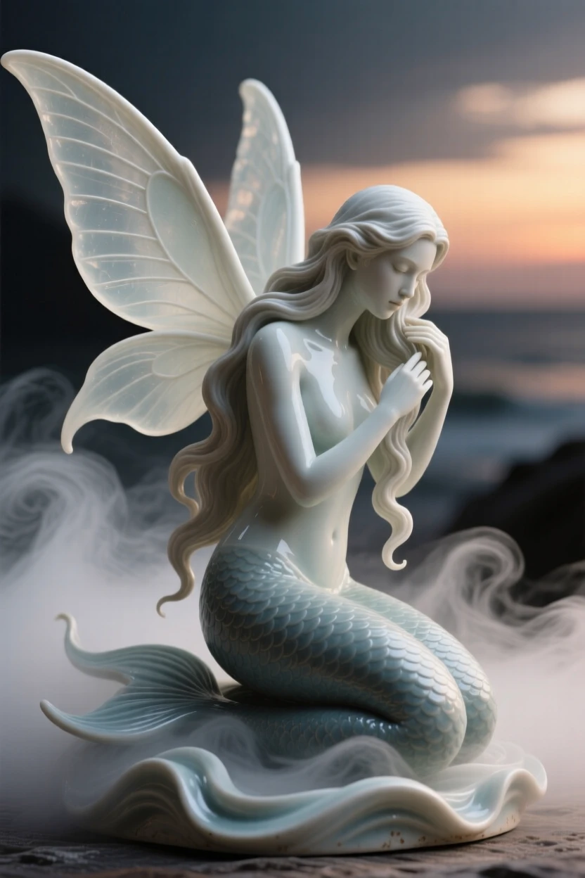 A mermaid combing her long flowing hair emerging dramatically from a swirl of mist, its wings catching the last light of dusk, radiating noble power tempered with gentleness.