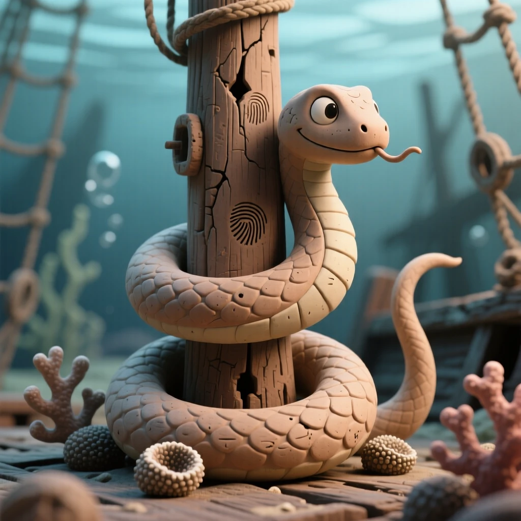 A sea serpent coiling gracefully around a sunken ship's mast