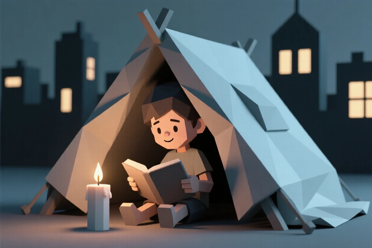 A child reading by candlelight under a blanket fort, against a backdrop of city lights. fine details in expression bring the moment to life. It captures a feeling of quiet triumph.