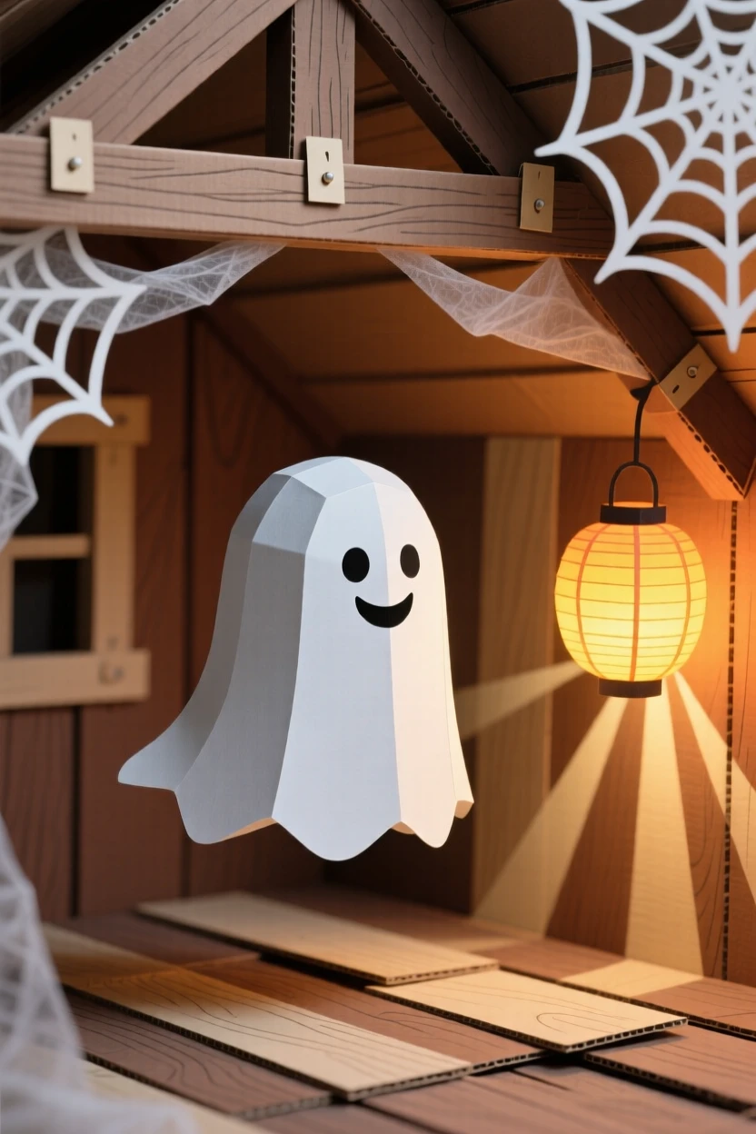 A small round ghost character with a friendly smile floating through a cozy haunted attic filled with soft cobwebs and warm lantern light, evoking gentle spookiness.