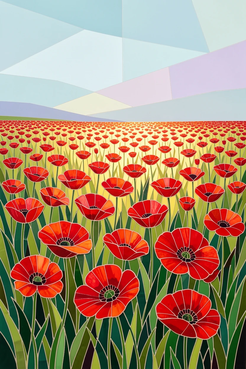 A field of red poppies swaying gently in the breeze.