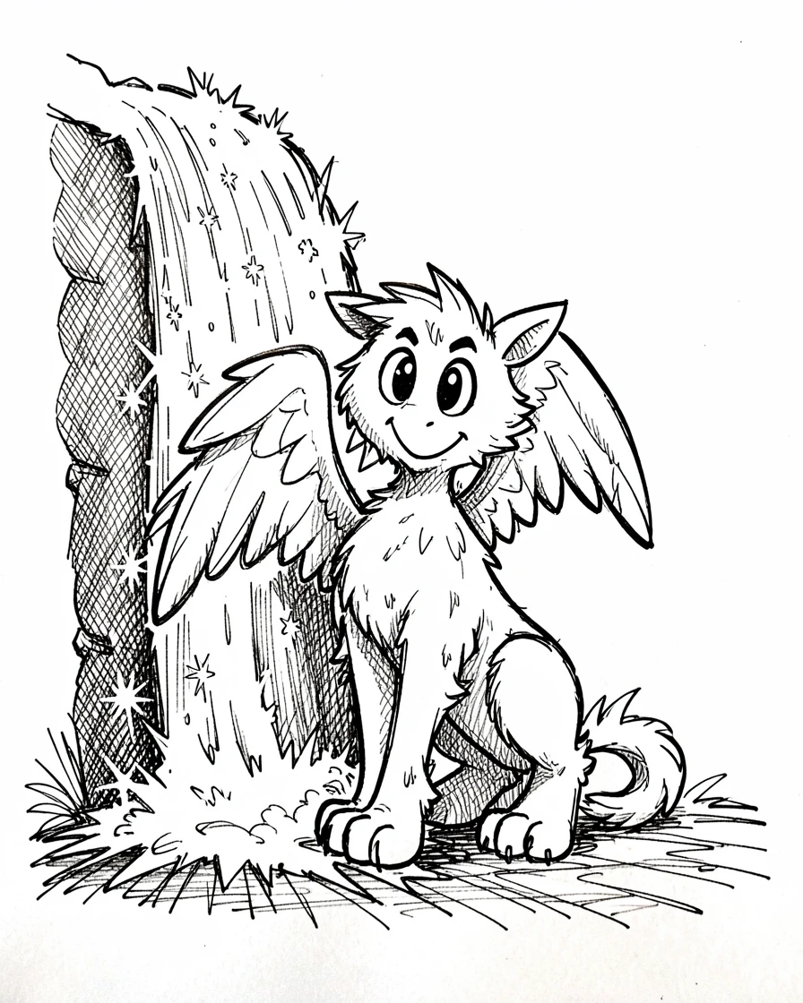 A gentle griffin with feathered wings beside a waterfall of sparkling light.
